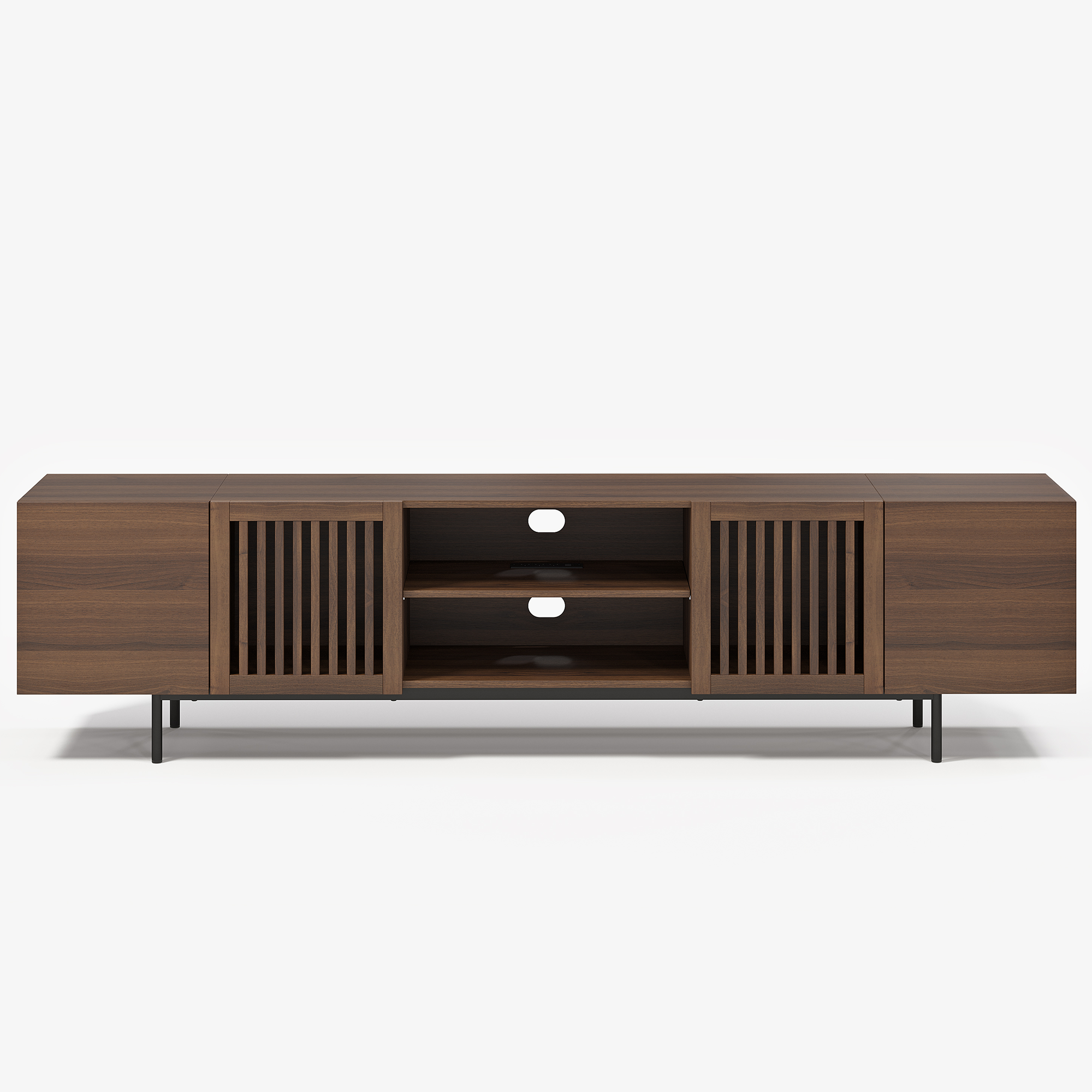 86" Mid-Century Modern TV Stand with Louvered Storage Cabinet，Walnut Media Console