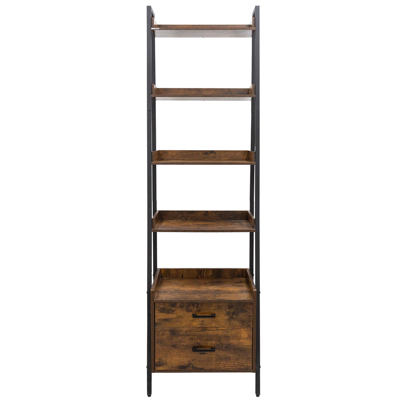 NattyDot 4-Tier Ladder Shelves for Storage with 2 Drawer Organizer Display Racks Storage Racks for Living Room Office Kitchen Rustic Brown