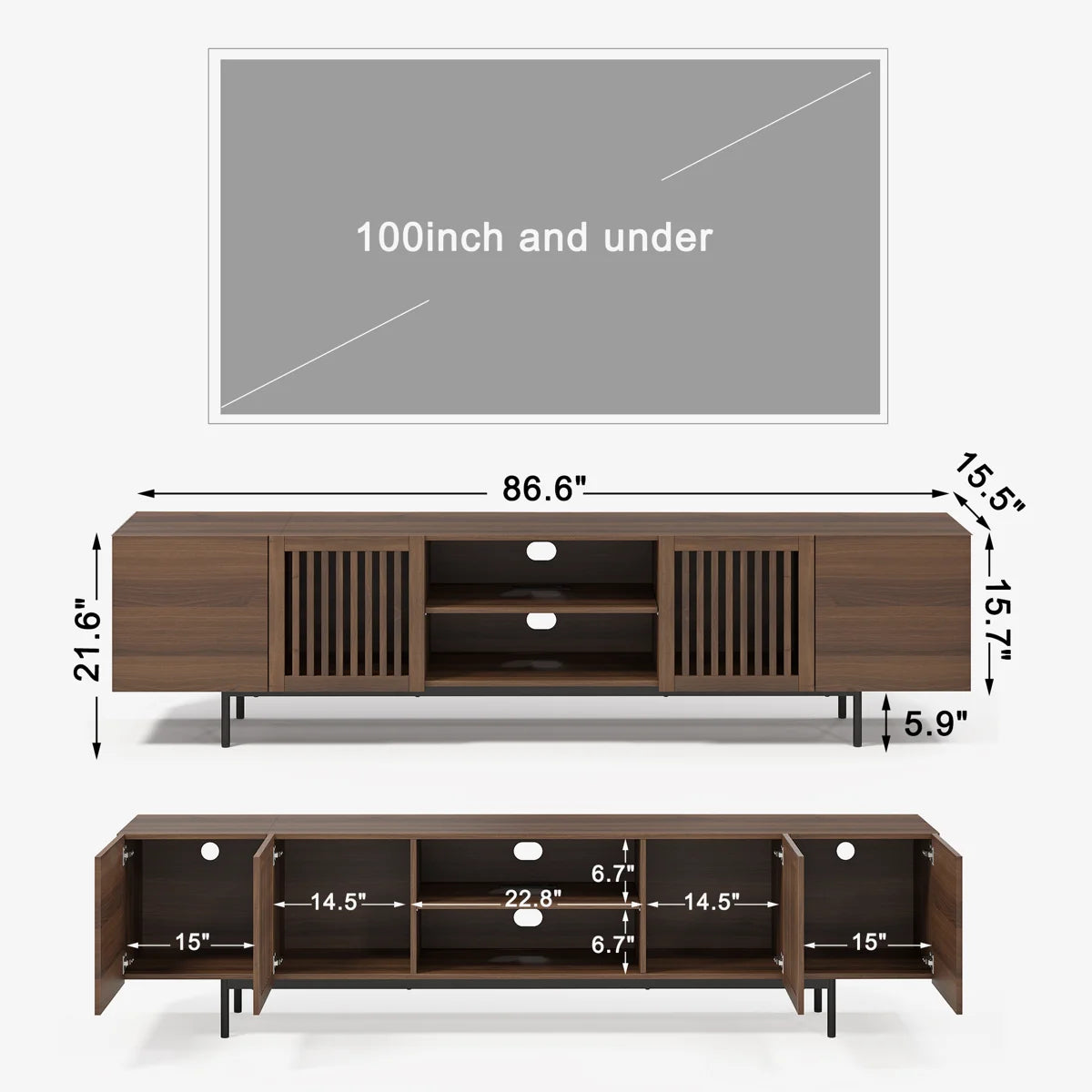 86" Mid-Century Modern TV Stand with Louvered Storage Cabinet，Walnut Media Console
