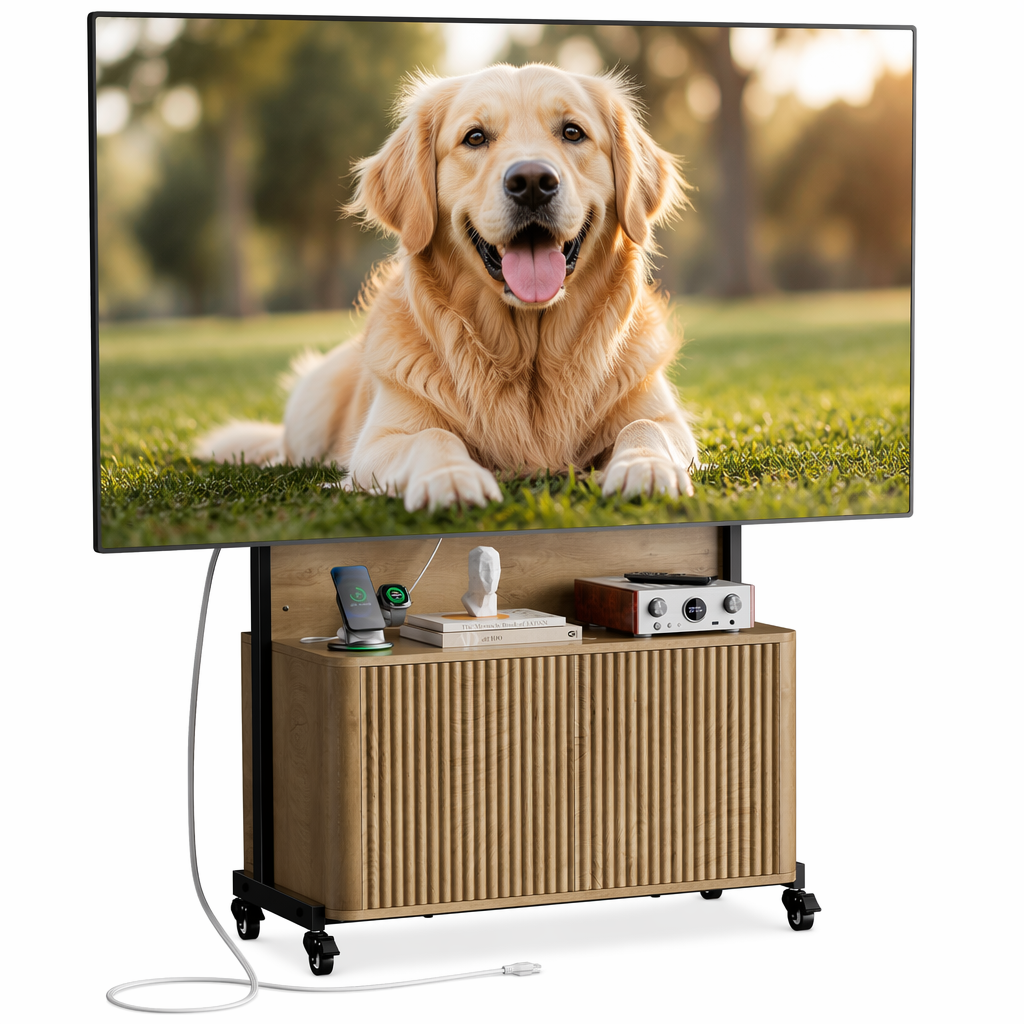 Rolling TV Stand with Mount  Fluted Cabinet Entertainment Center