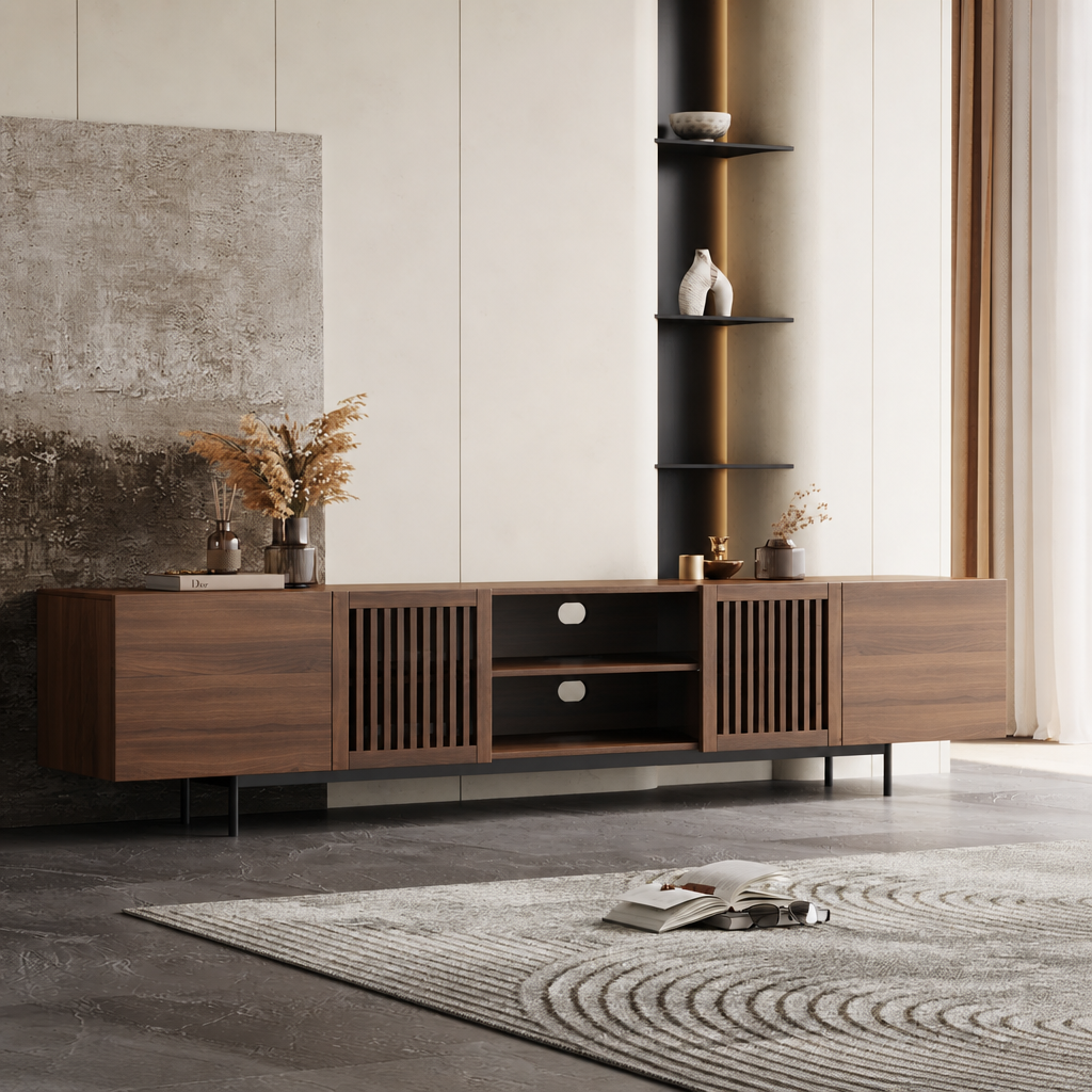 86" Mid-Century Modern TV Stand with Louvered Storage Cabinet，Walnut Media Console