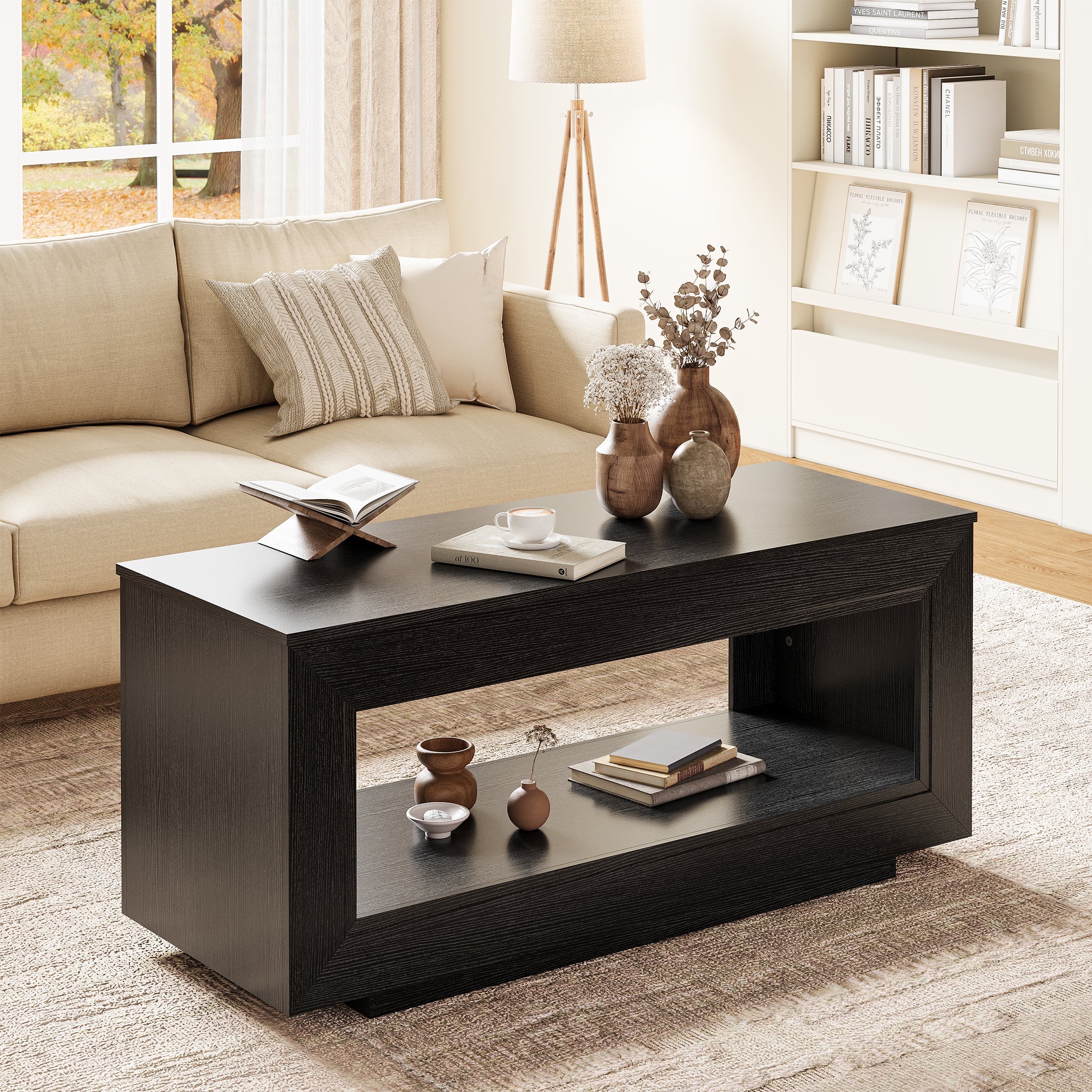 Lift Top Rectangular Wood Coffee Table with Dual-Layer Storage for Living Room