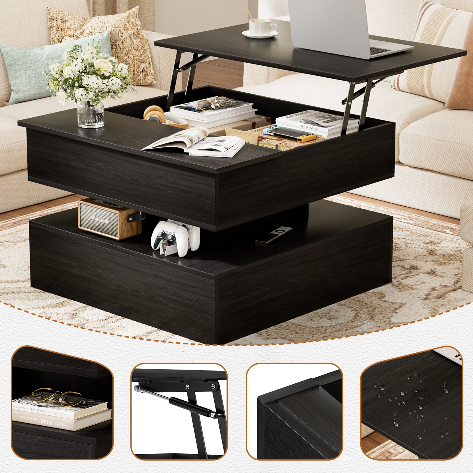 Lift Top Coffee Table With Storage And Hidden Compartment, Wood Square Coffee Table For Living Room,31.5'' Small Center Table With Open Display Shelf For Dining Reception Room