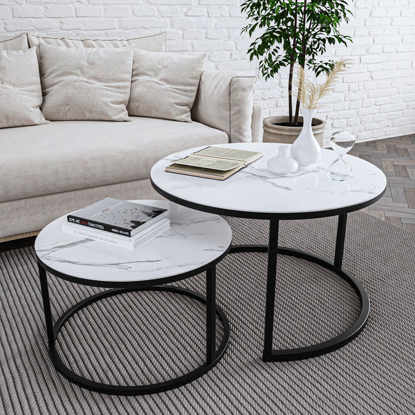 DOVEAID Round Nesting Coffee Set Modern Nesting Table for Living Room Nesting Slate Tables 2 Piece with Solid Metal Frame