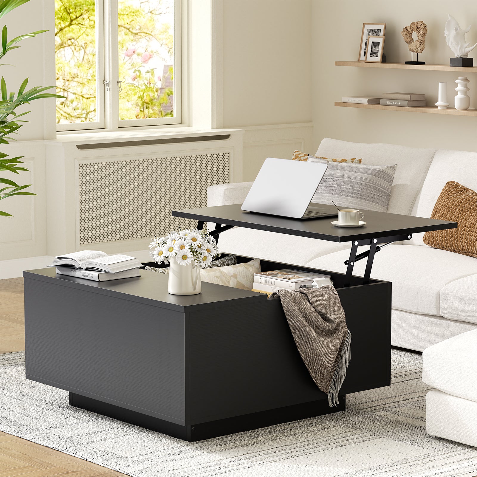 Lift Top Coffee Table, Wood Square Coffee Table with Storage,Black