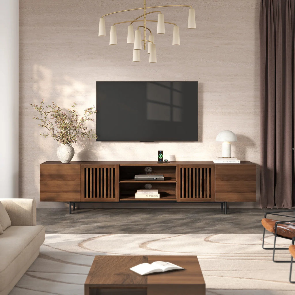 86" Mid-Century Modern TV Stand with Louvered Storage Cabinet，Walnut Media Console