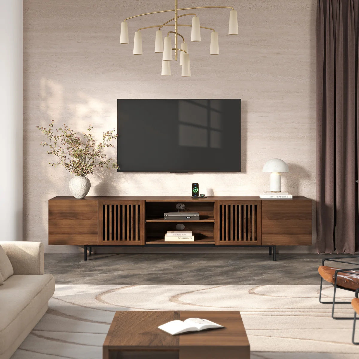 86" Mid-Century Modern TV Stand with Louvered Storage Cabinet，Walnut Media Console