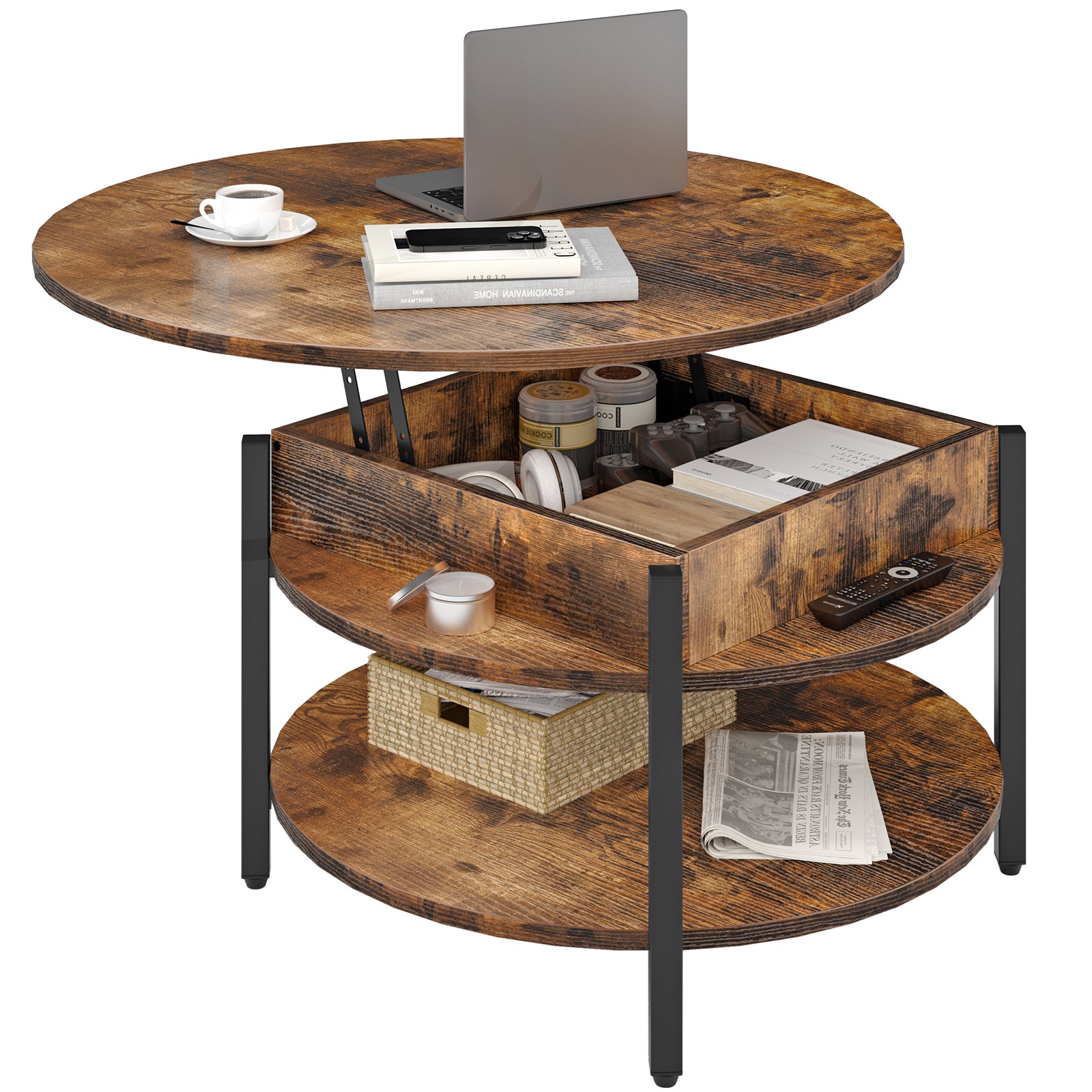 Wynny Round Lift-Top Wood Coffee Table with Storage