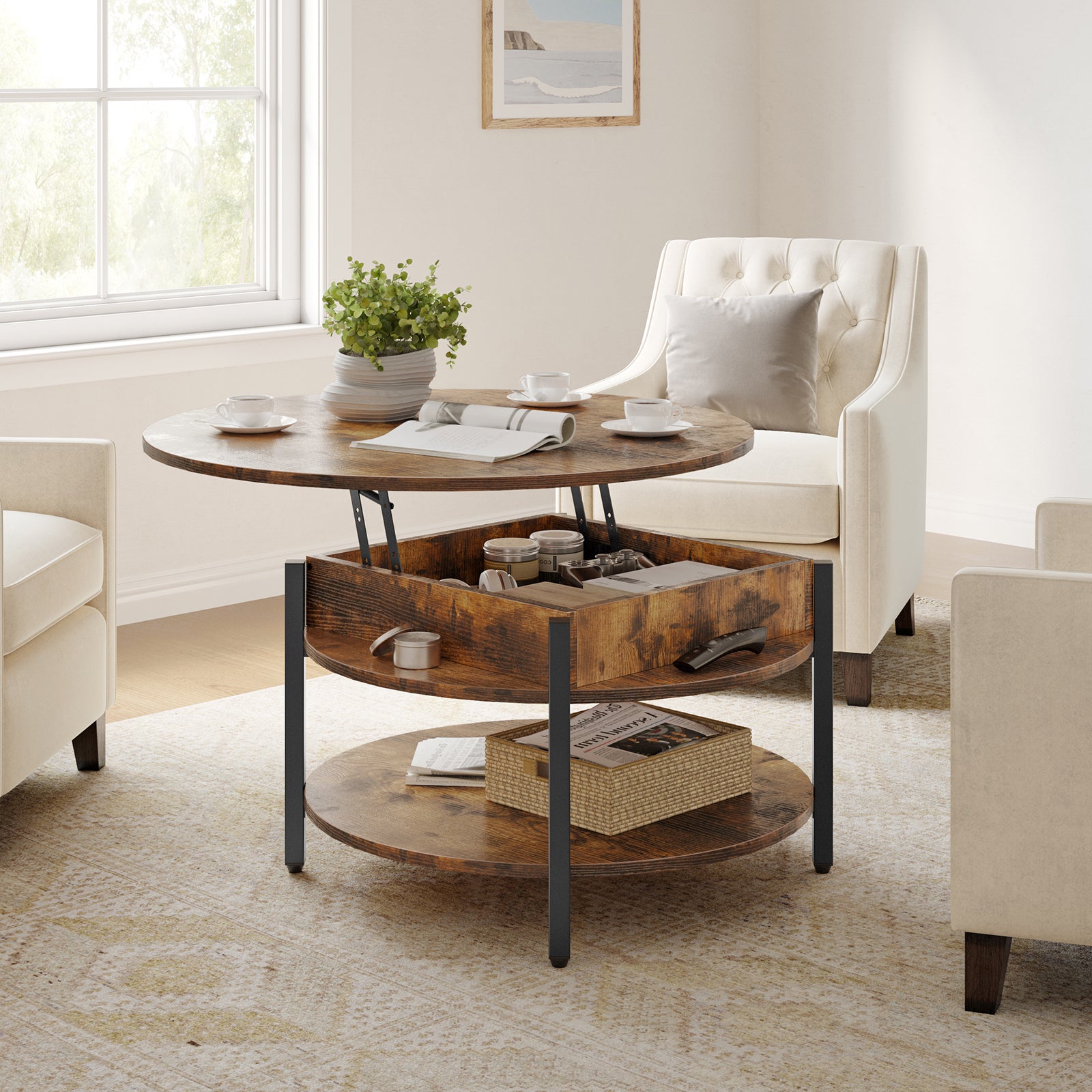 Wynny Round Lift-Top Wood Coffee Table with Storage