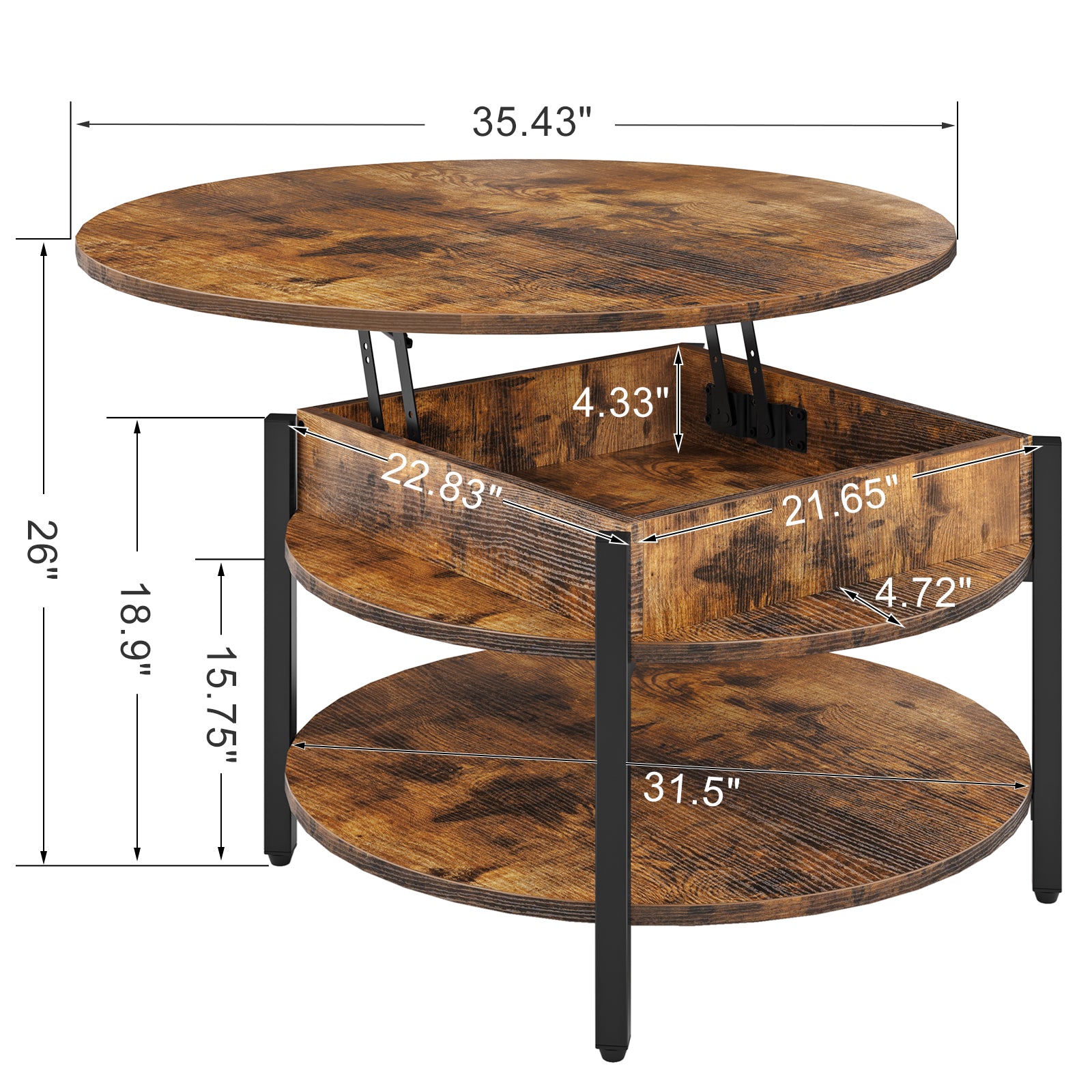 Wynny Round Lift-Top Wood Coffee Table with Storage