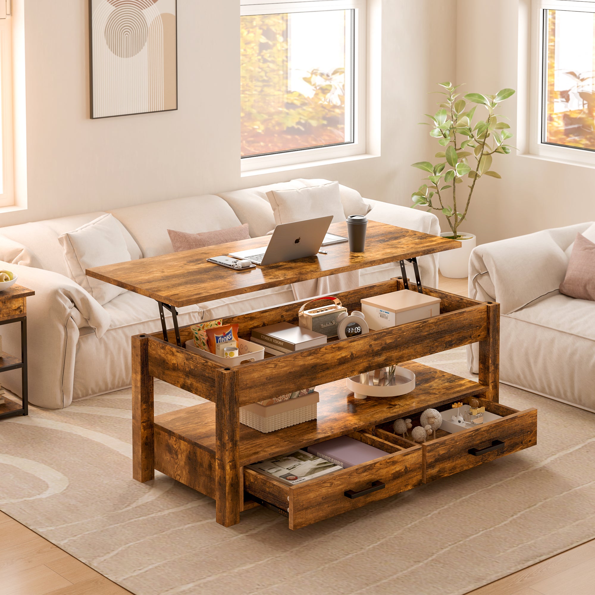 Areil Lift Top Coffee Table with Storage, Cocktail Table with 2 Drawers