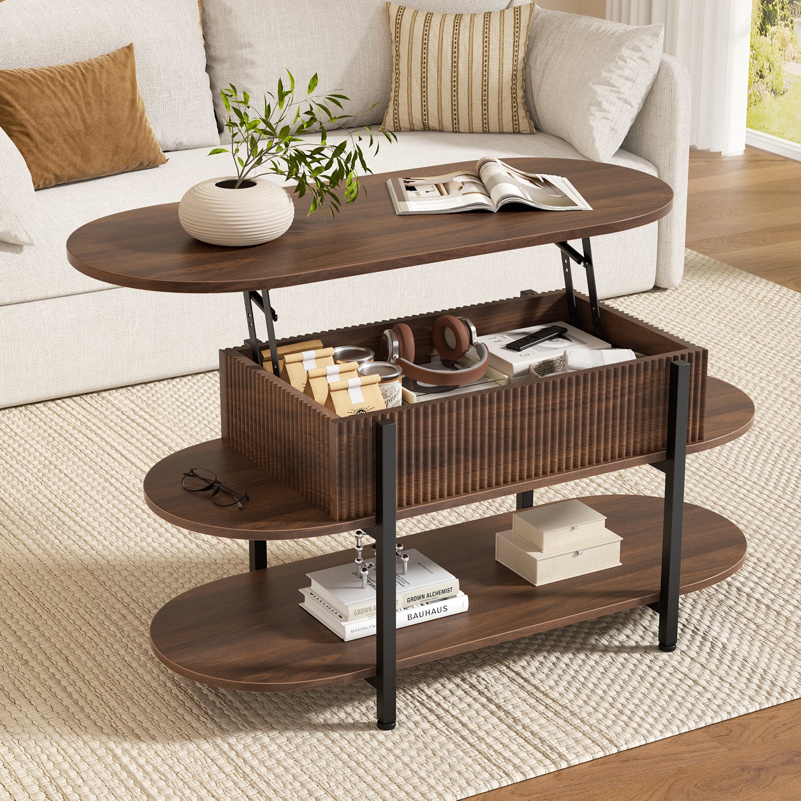 41.7" Oval Lift Top Coffee Table, Fluted Wood Center Table With Hidden Storage, 3 Tier Oblong Tables With Curved Edge, Modern Elliptical Coffee Table For Living Room Reception Room