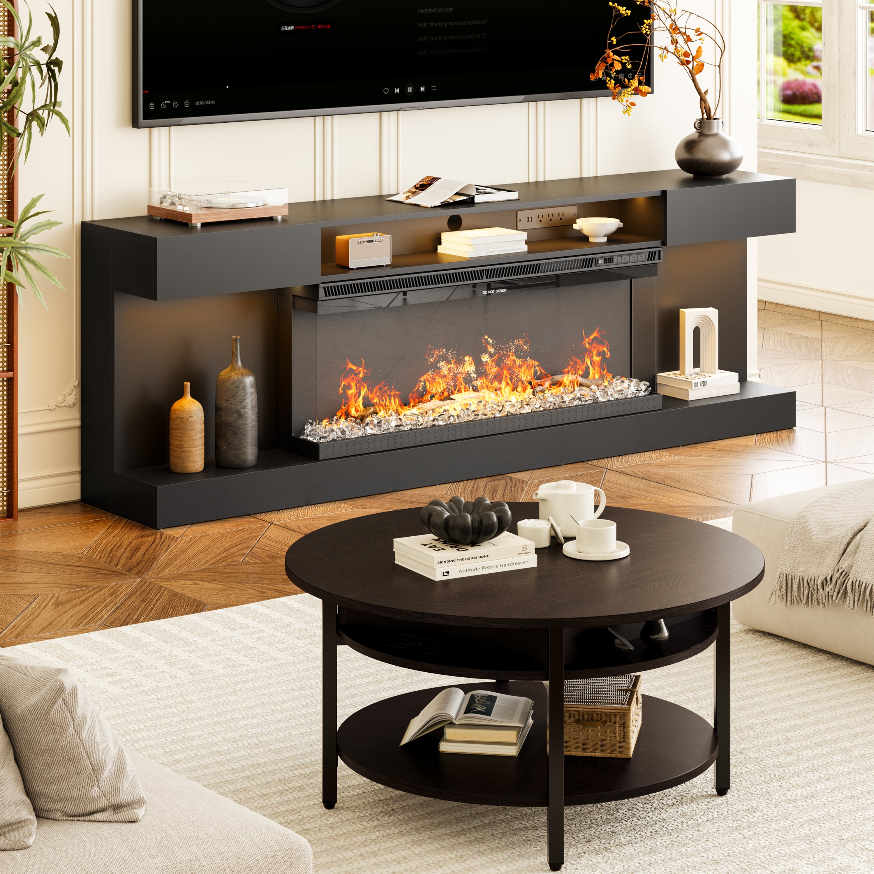 2-Piece Living Room Table Set，Round Lift-Top Coffee Table And 70" Modern Electric Fireplace Tv Stand