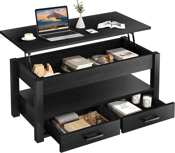 DOVEAID Lift Top Coffee Table with 2 Storage Drawer Hidden Compartment Open Storage Shelf for Living Room Folding Wood End Table