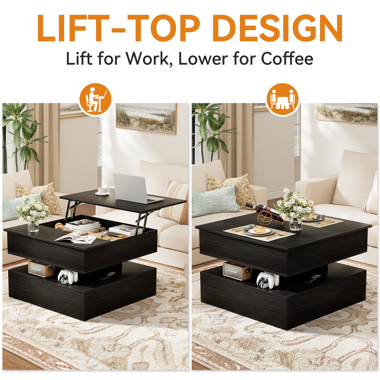 Lift Top Coffee Table With Storage And Hidden Compartment, Wood Square Coffee Table For Living Room,31.5'' Small Center Table With Open Display Shelf For Dining Reception Room