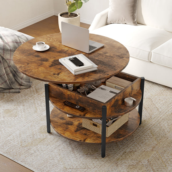 FABATO Round Lift Top Coffee Table for Living Room, 35.43'' Round Coffee Table with Storage and Hidden Compartment, 2 Tier Large Farmhouse Coffee Table Round Dining Table, Rustic Brown