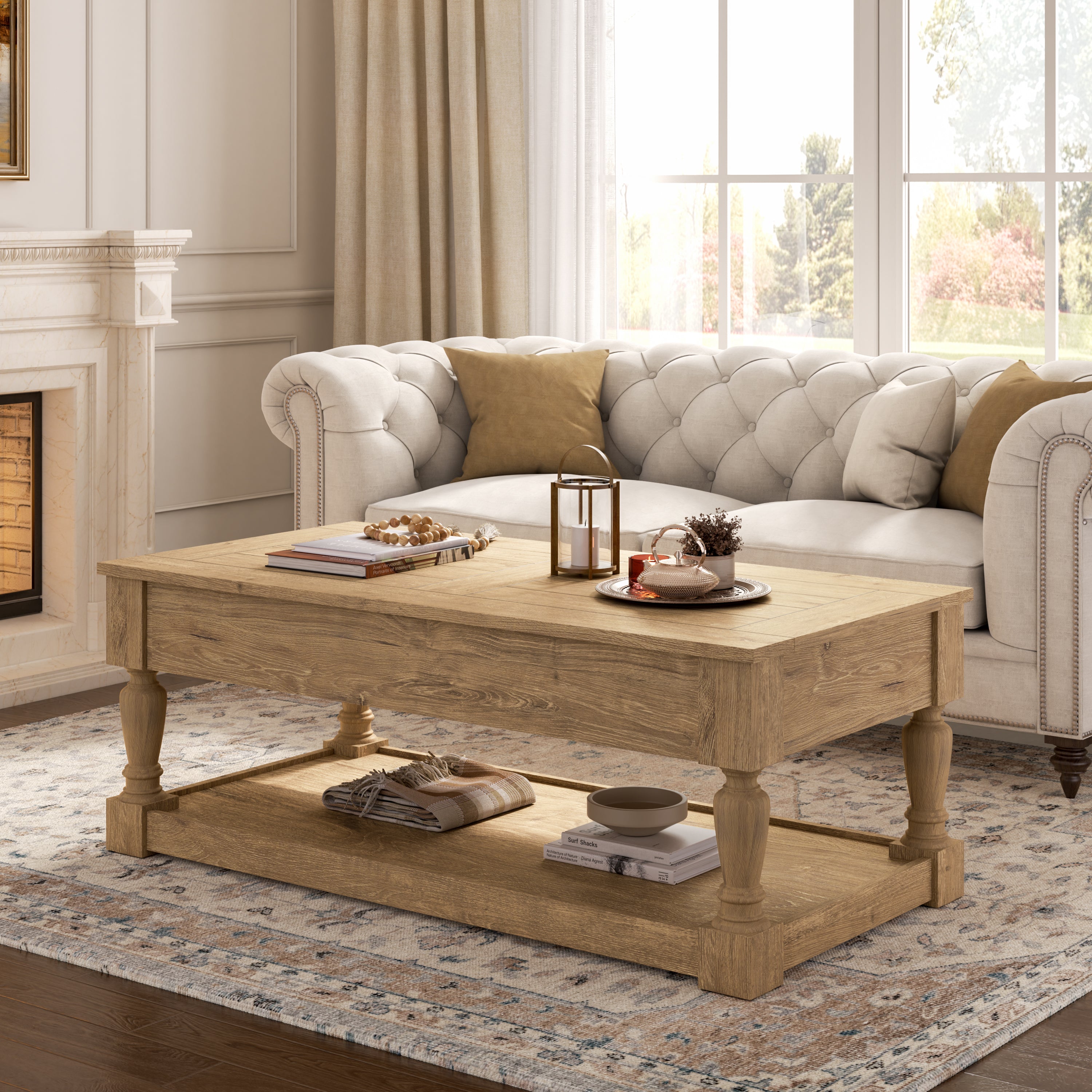 Lift-Top Coffee Table with Carved Solid Wood Legs – Hidden Storage, Modern Rustic Living Room Table