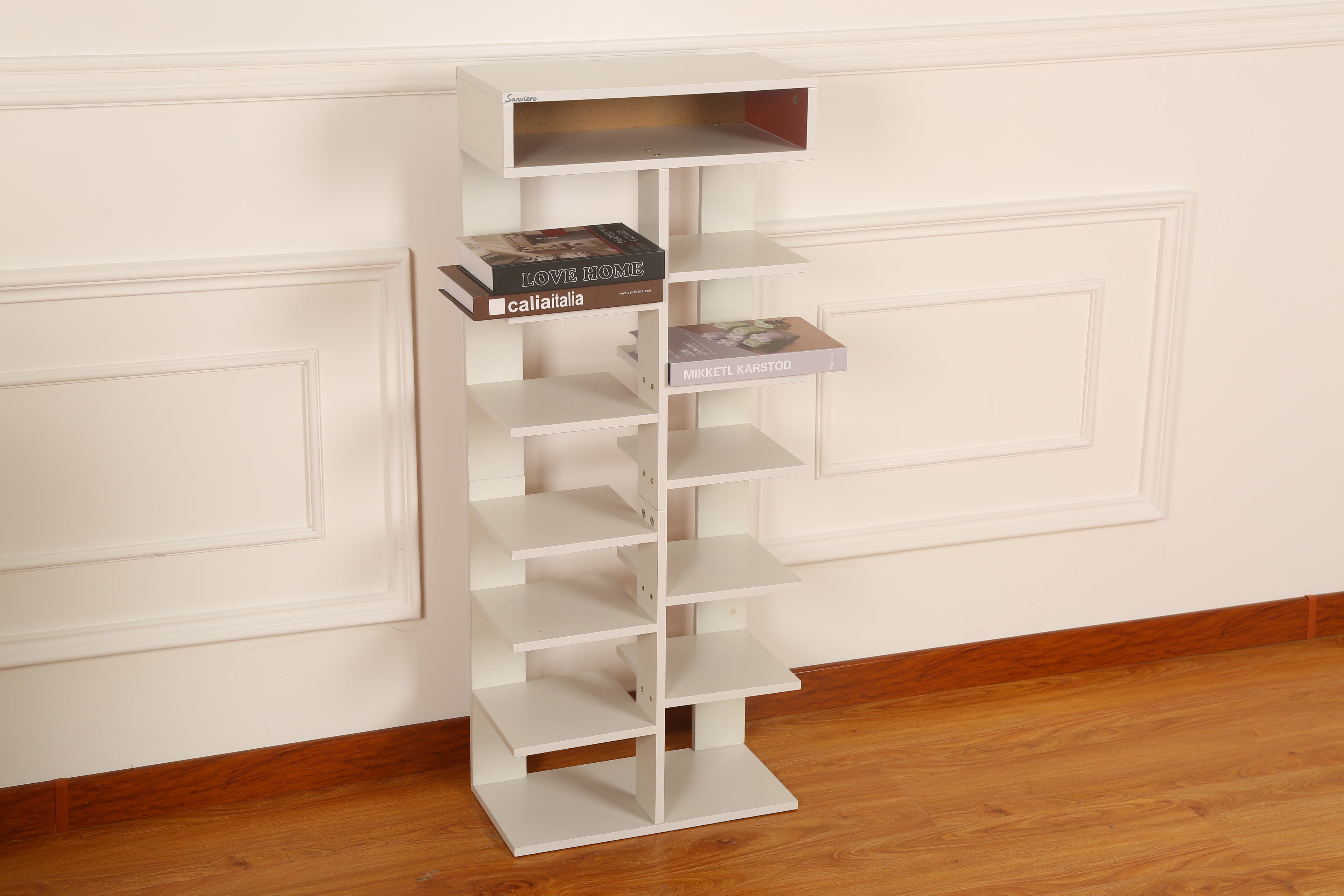 Sanviero White Multi -Bookshelves tiered Display Shelf for Organizing and Decorating