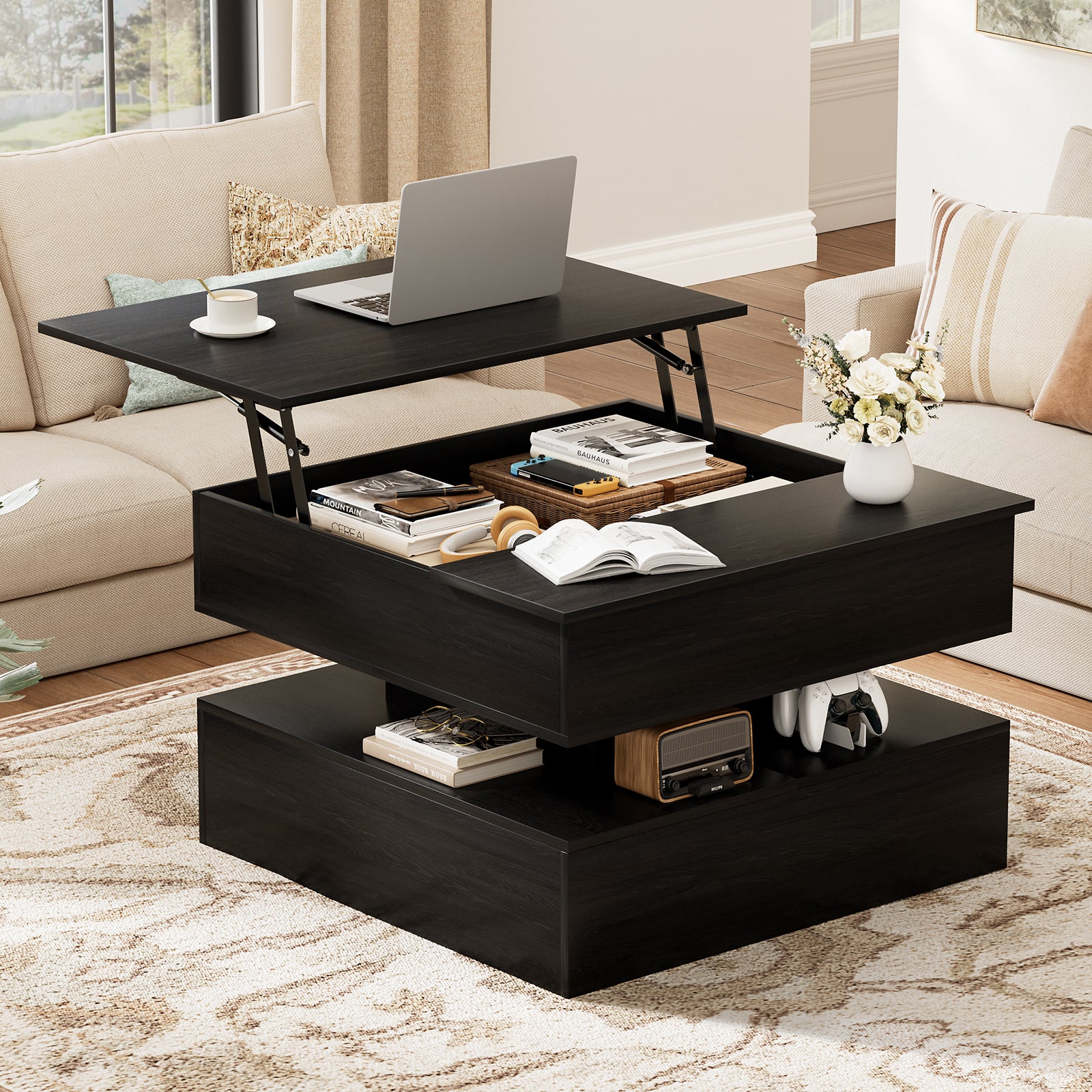 Lift Top Coffee Table With Storage And Hidden Compartment, Wood Square Coffee Table For Living Room,31.5'' Small Center Table With Open Display Shelf For Dining Reception Room