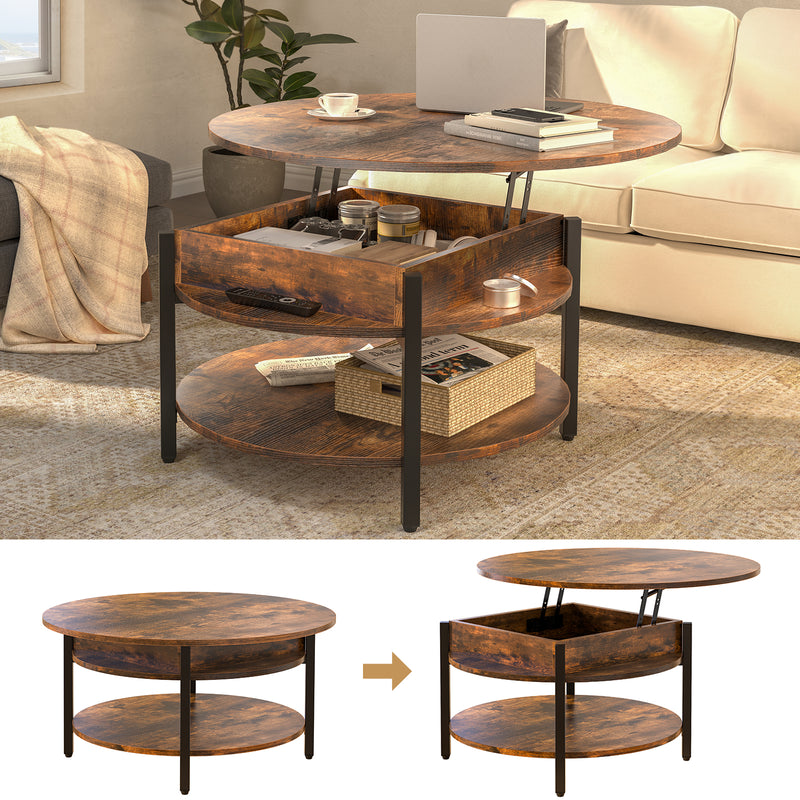 FABATO Round Lift Top Coffee Table for Living Room, 35.43'' Round Coffee Table with Storage and Hidden Compartment, 2 Tier Large Farmhouse Coffee Table Round Dining Table, Rustic Brown