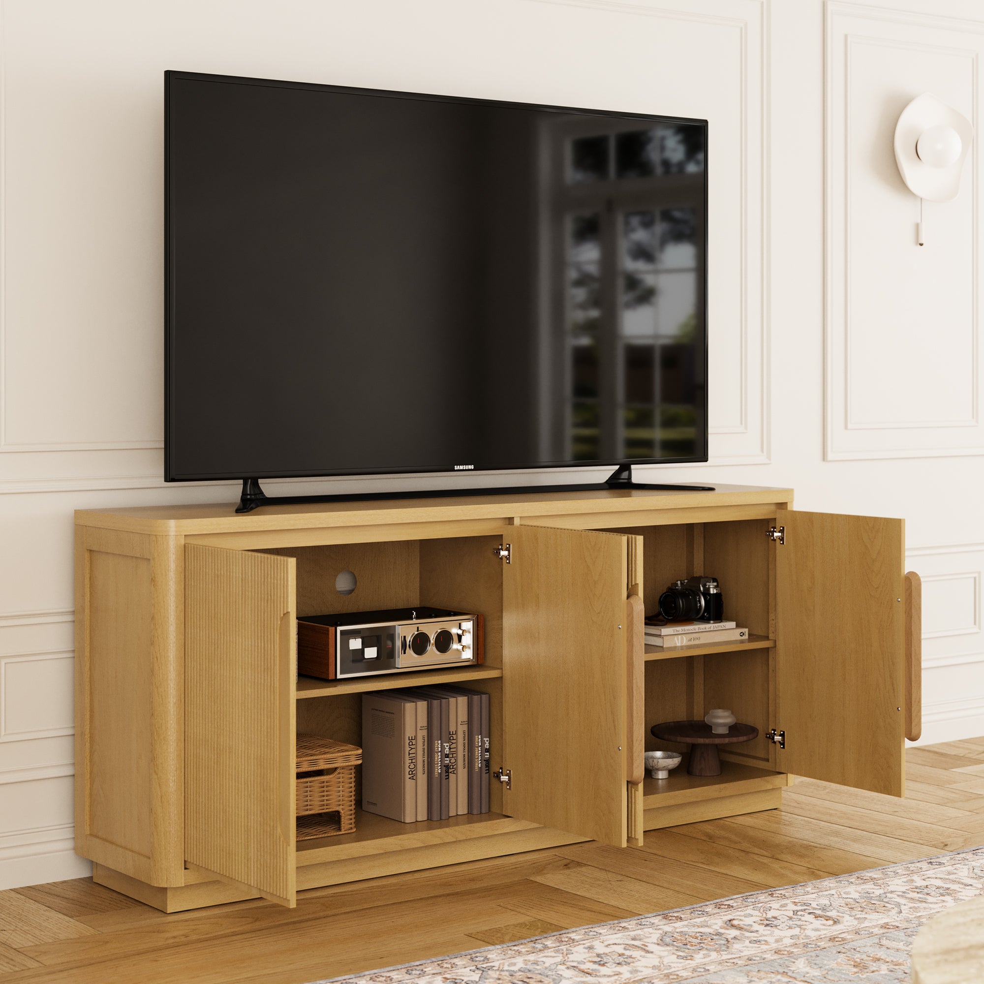 70" Modern Storage TV Stand, 4 Doors Fluted TV Console for TVs 55" - 85", Media Console and Entertainment Center