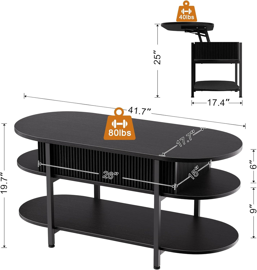 FABATO 41.7" Fluted Oval Lift Top Coffee Table with Hidden Storage, Black | Fluted Wood Center Table, 3 Tier Small Tables with Curved Edge, Modern Narrow Coffee Table for Living Room Reception Room