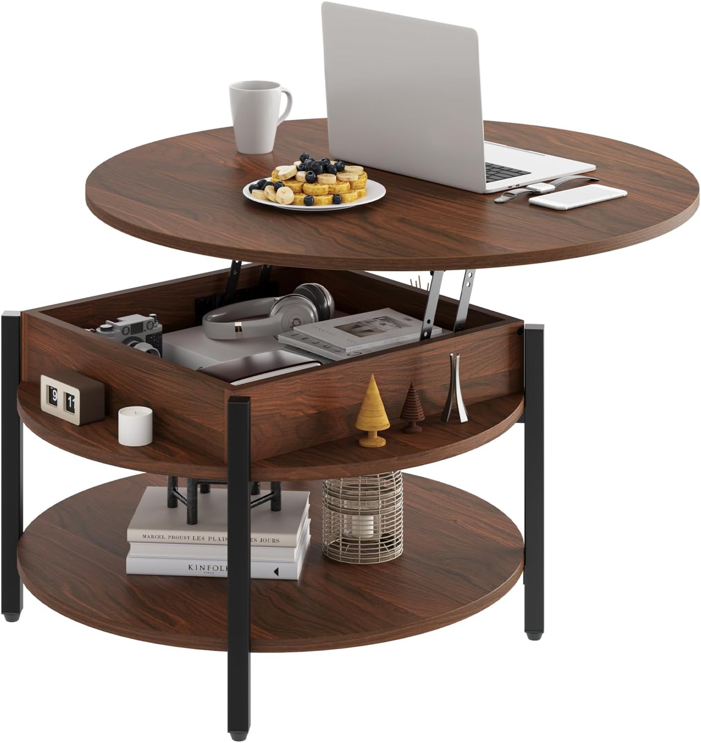 FABATO Round Lift Top Coffee Table with Storage and Hidden Compartment, 26.77'' Farmhouse Coffee Table for Living Room Reception Room, 2 Tier Small Round Coffee Table Circle Dining Table, Black