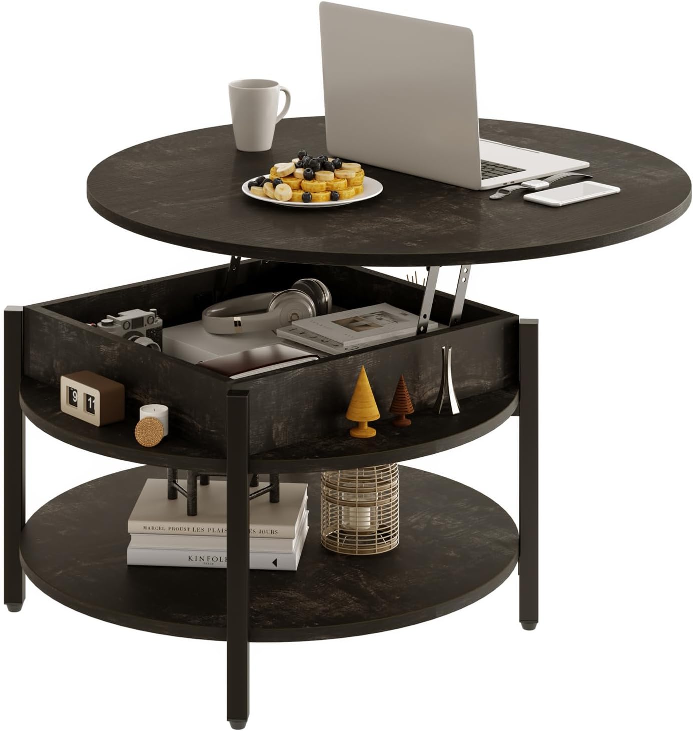 FABATO Round Lift Top Coffee Table with Storage and Hidden Compartment, 26.77'' Farmhouse Coffee Table for Living Room Reception Room, 2 Tier Small Round Coffee Table Circle Dining Table, Black