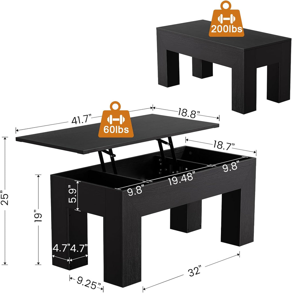 FABATO 41.7” Rectangular Lift Top Coffee Table Hidden Compartment, Black | Modern Wood Coffee Table, Large Center Table Adjust Height Sofa Table for Living Room, Home Office