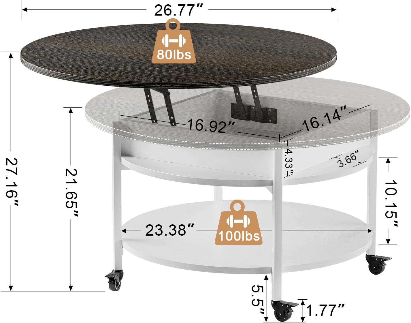 FABATO Small Round Lift Top Coffee Table with Wheels and Storage, White | 26.77’’ Rolling Lift Up Circle Center Table, Hidden Storage and Compartment, 2 Tier Small Circle Dining Table for Living Room