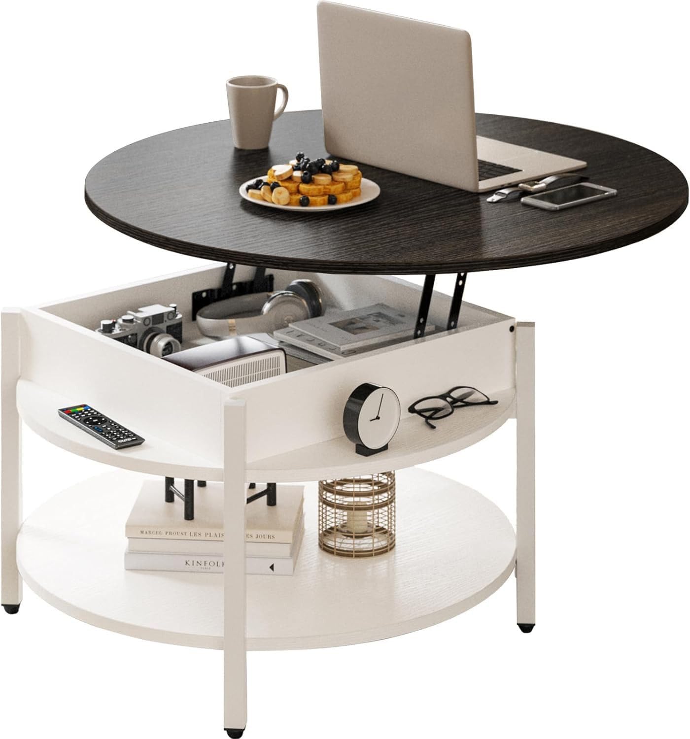 FABATO Round Lift Top Coffee Table with Storage and Hidden Compartment, 26.77'' Farmhouse Coffee Table for Living Room Reception Room, 2 Tier Small Round Coffee Table Circle Dining Table, Black