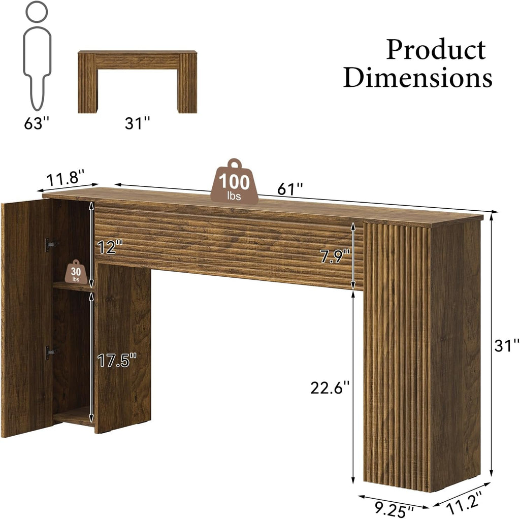 FABATO 61” Fluted Long Console Table with 2 Hidden Storage Cabinets, Brown | Wooden Rectangular Sofa Table, Behind the Couch, Narrow Entryway Table for Entrance, Hallway, Living Room, Foyer