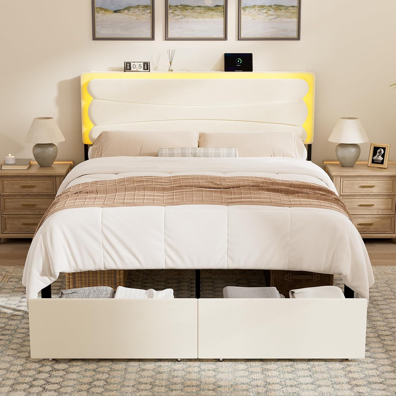 ROLETALENT Full Bed Frame with Storage Adjustable Headboard and 2 Drawers Upholstered Double Bed Frame Full Size with LED & Charging Station Metal Support No Box Spring Needed Grey