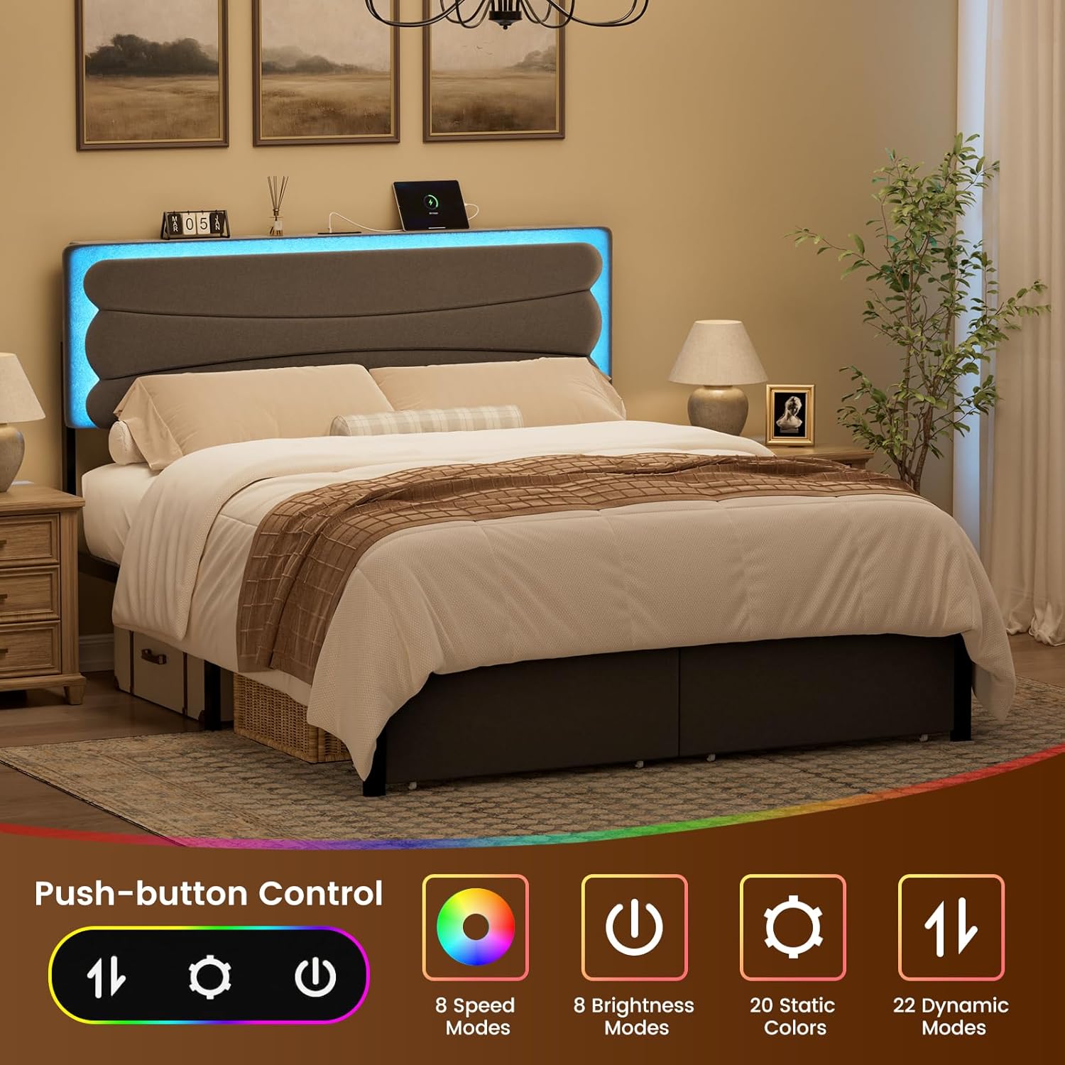 ROLETALENT Full Bed Frame with Storage Adjustable Headboard and 2 Drawers Upholstered Double Bed Frame Full Size with LED & Charging Station Metal Support No Box Spring Needed Grey