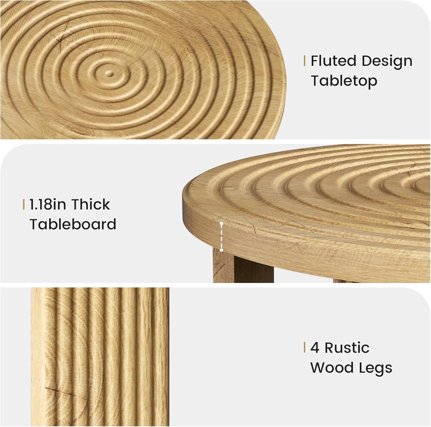 Planimetry 26.8” Fluted Round Coffee Table, 2-Tier Circle Lift Top, Wood | Round Center Table with Thick Tabletop, Modern Wood Circle Coffee Table for Living Room, Small Space, Easy Assembly