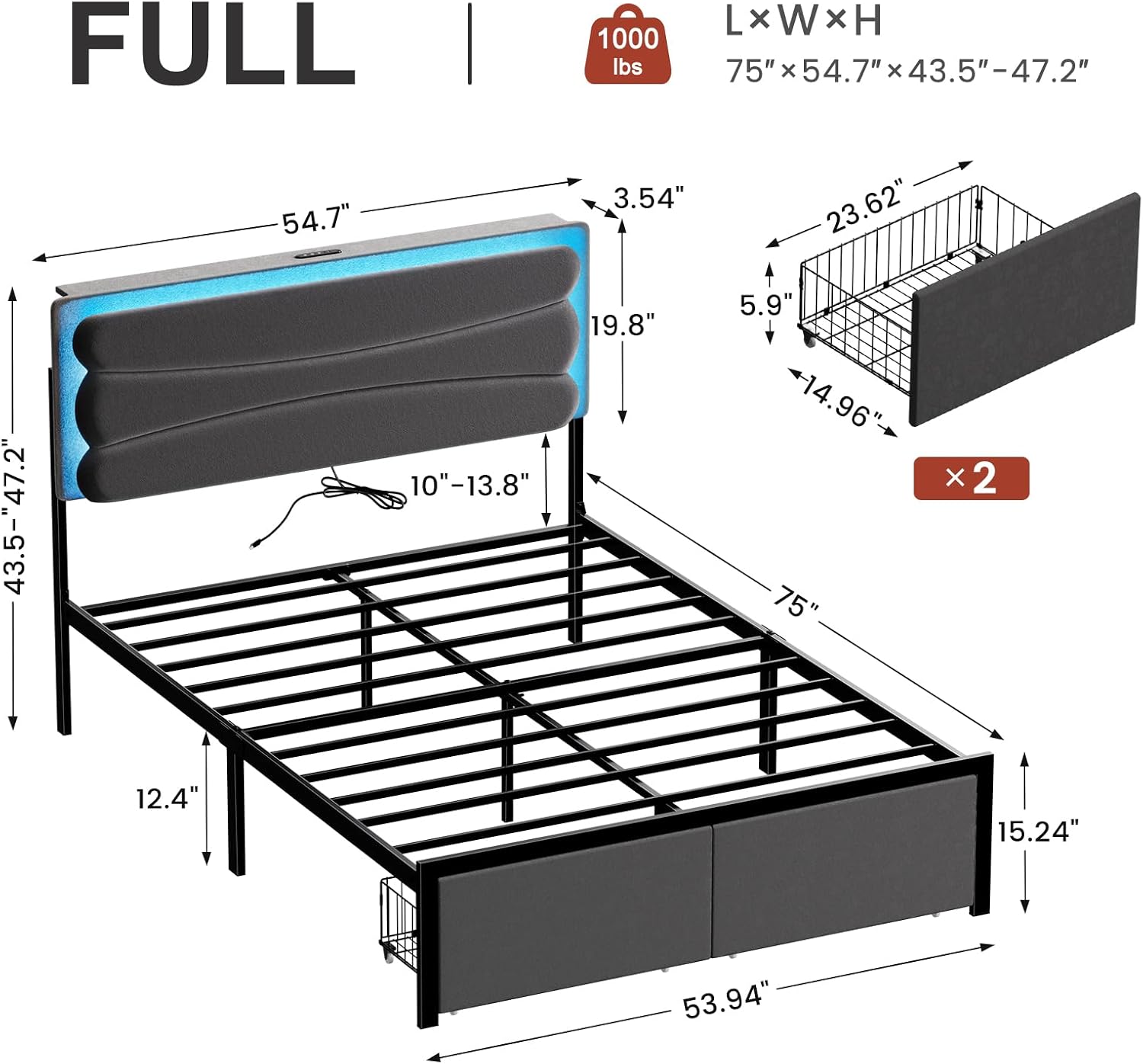 ROLETALENT Full Bed Frame with Storage Adjustable Headboard and 2 Drawers Upholstered Double Bed Frame Full Size with LED & Charging Station Metal Support No Box Spring Needed Grey