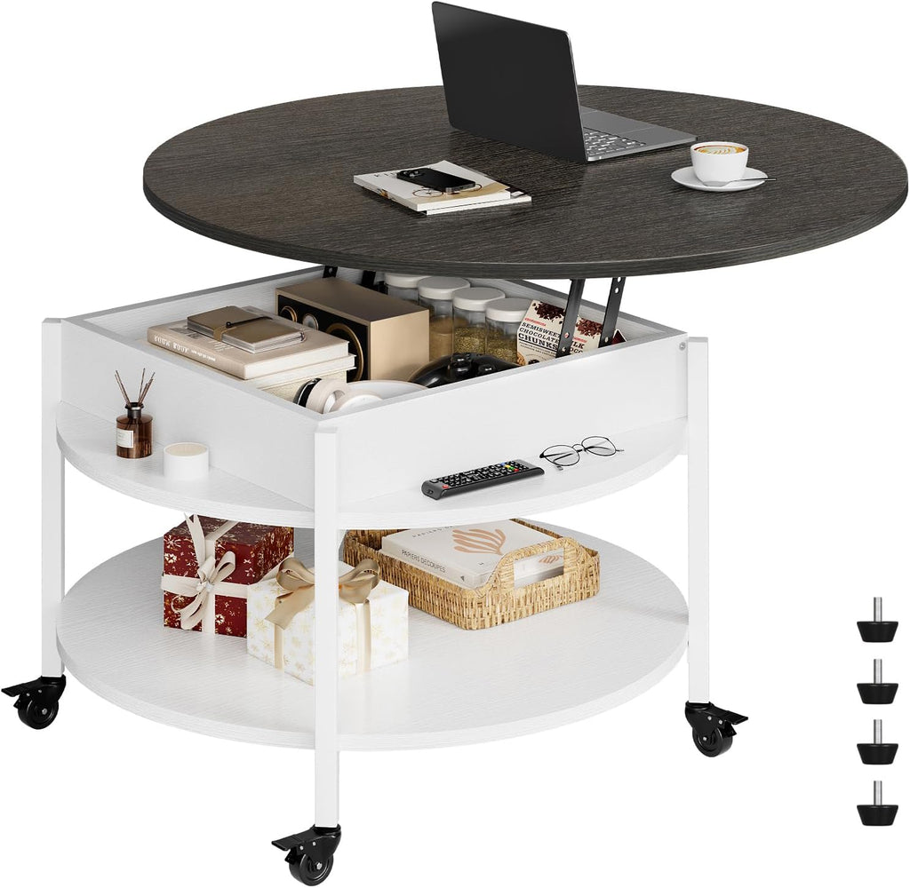 FABATO Small Round Lift Top Coffee Table with Wheels and Storage, White | 26.77’’ Rolling Lift Up Circle Center Table, Hidden Storage and Compartment, 2 Tier Small Circle Dining Table for Living Room