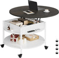FABATO Small Round Lift Top Coffee Table with Wheels and Storage, White | 26.77’’ Rolling Lift Up Circle Center Table, Hidden Storage and Compartment, 2 Tier Small Circle Dining Table for Living Room