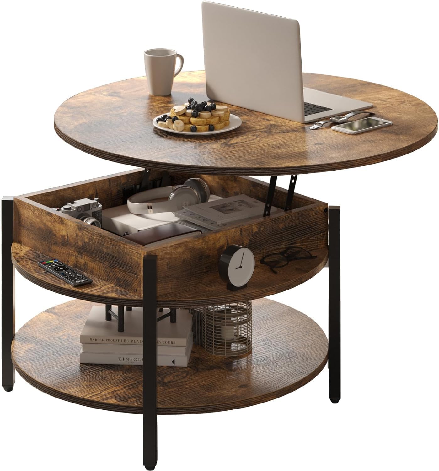 FABATO Round Lift Top Coffee Table with Storage and Hidden Compartment, 26.77'' Farmhouse Coffee Table for Living Room Reception Room, 2 Tier Small Round Coffee Table Circle Dining Table, Black