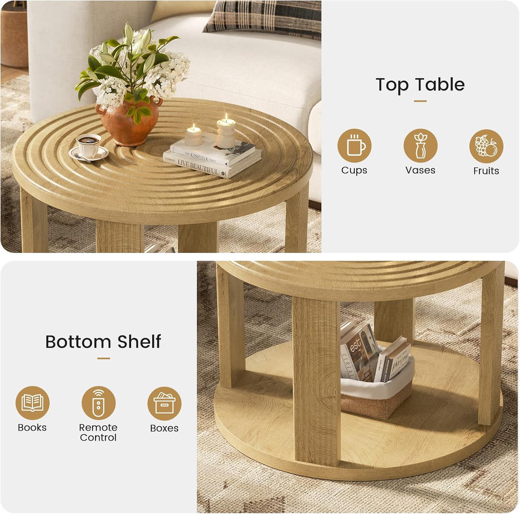 Planimetry 26.8” Fluted Round Coffee Table, 2-Tier Circle Lift Top, Wood | Round Center Table with Thick Tabletop, Modern Wood Circle Coffee Table for Living Room, Small Space, Easy Assembly