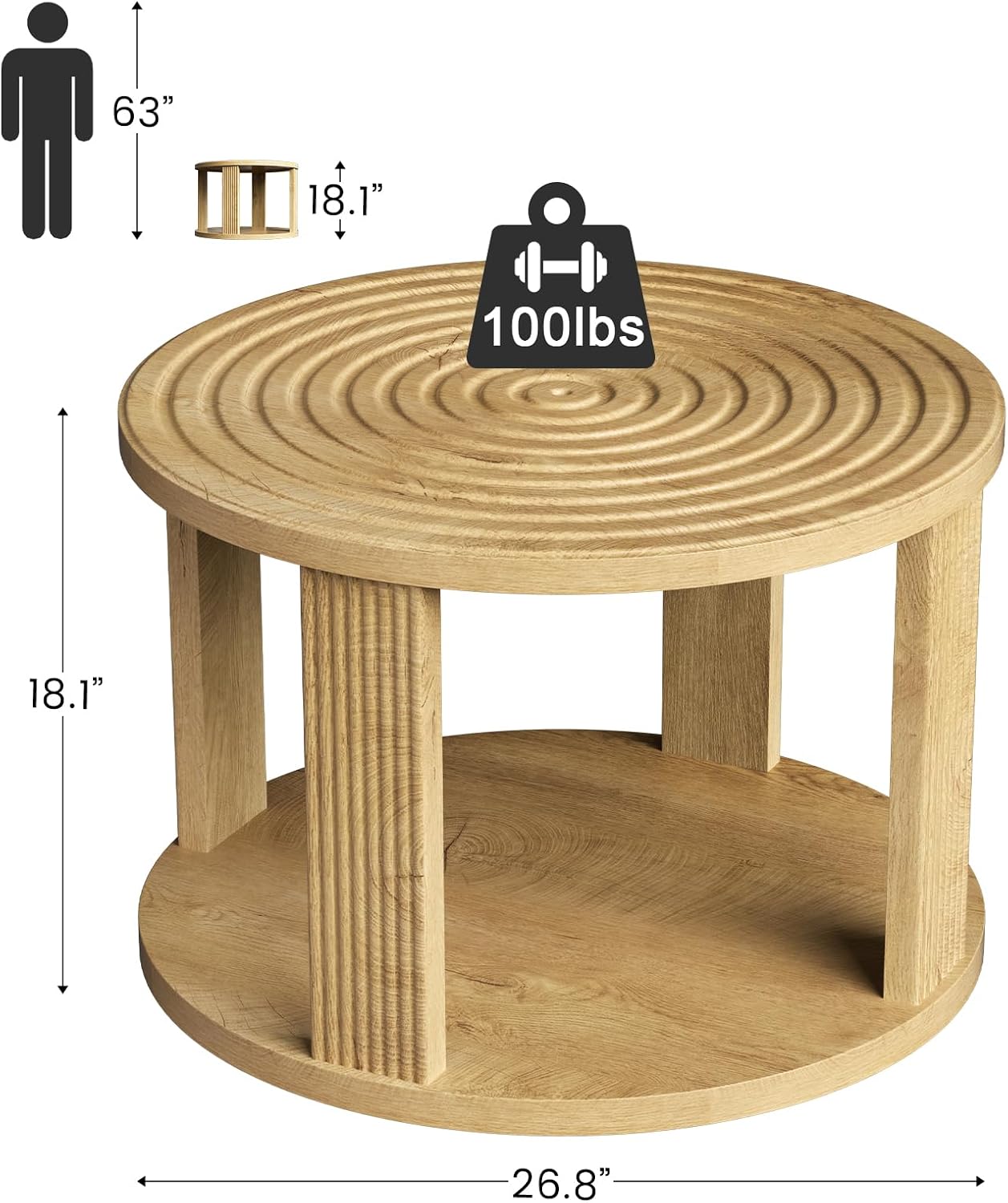 Planimetry 26.8” Fluted Round Coffee Table, 2-Tier Circle Lift Top, Wood | Round Center Table with Thick Tabletop, Modern Wood Circle Coffee Table for Living Room, Small Space, Easy Assembly