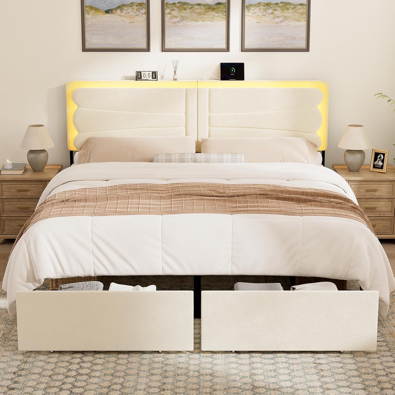 ROLETALENT Full Bed Frame with Storage Adjustable Headboard and 2 Drawers Upholstered Double Bed Frame Full Size with LED & Charging Station Metal Support No Box Spring Needed Grey