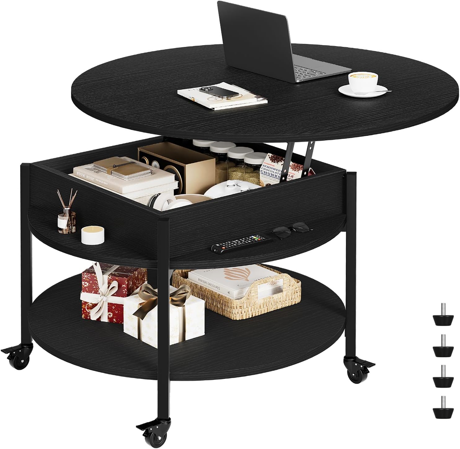 FABATO Small Round Lift Top Coffee Table with Wheels and Storage, White | 26.77’’ Rolling Lift Up Circle Center Table, Hidden Storage and Compartment, 2 Tier Small Circle Dining Table for Living Room