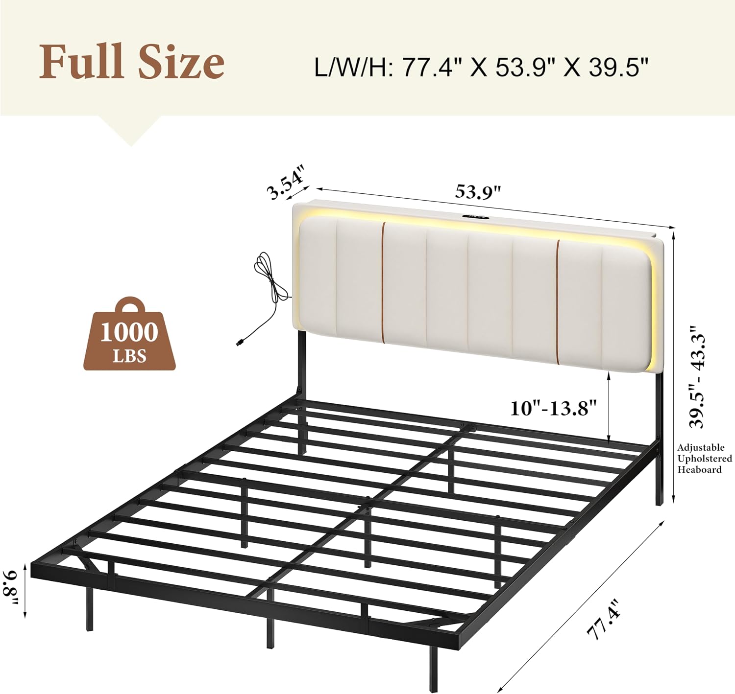 Upholstered Floating Full Bed Frame with Storage Headboard, Modern Metal Bed Frame with LED Light & Charging Station, No Spring Boxing Needed Beige