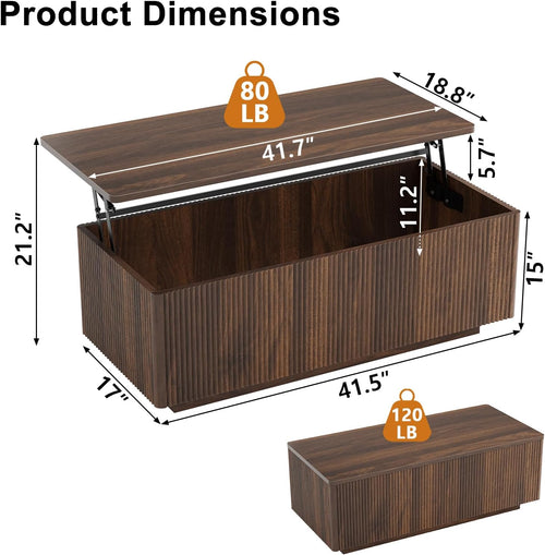 FABATO 41.7'' Fluted Lift Top Coffee Table Large Hidden Storage, Walnut | Large Rectangular Lift Up Coffee Tables, Hidden Storage Compartment, Fluted Panel Rounded Corners, Mid Century Modern