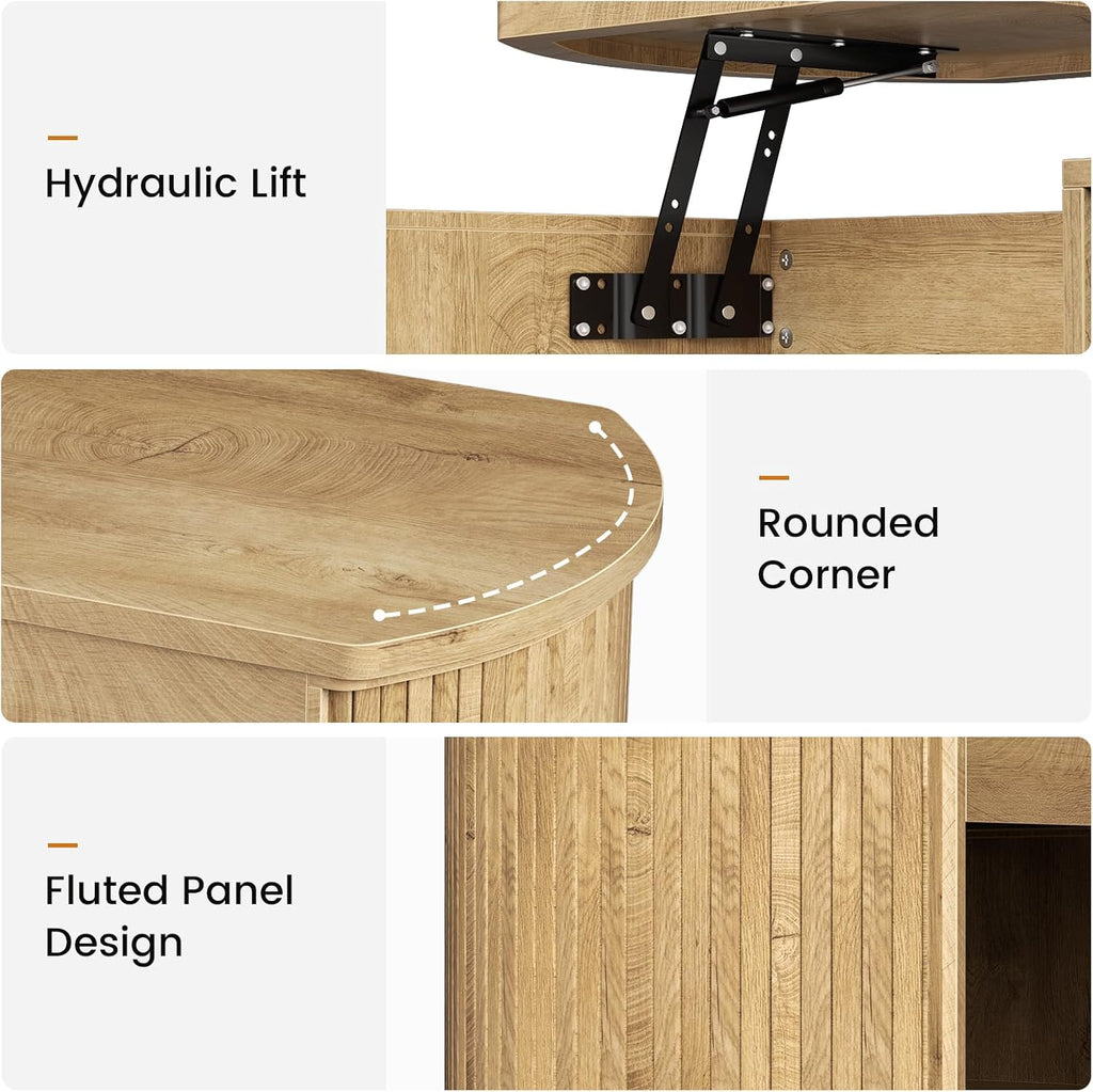 FABATO 41.7” Oval Fluted Wood Coffee Table with Lift Top, Wood | Mid Century Modern Coffee Table, 2 Tier Center Table, Rounded Corners, Hidden Storage for Living Room, Home Office