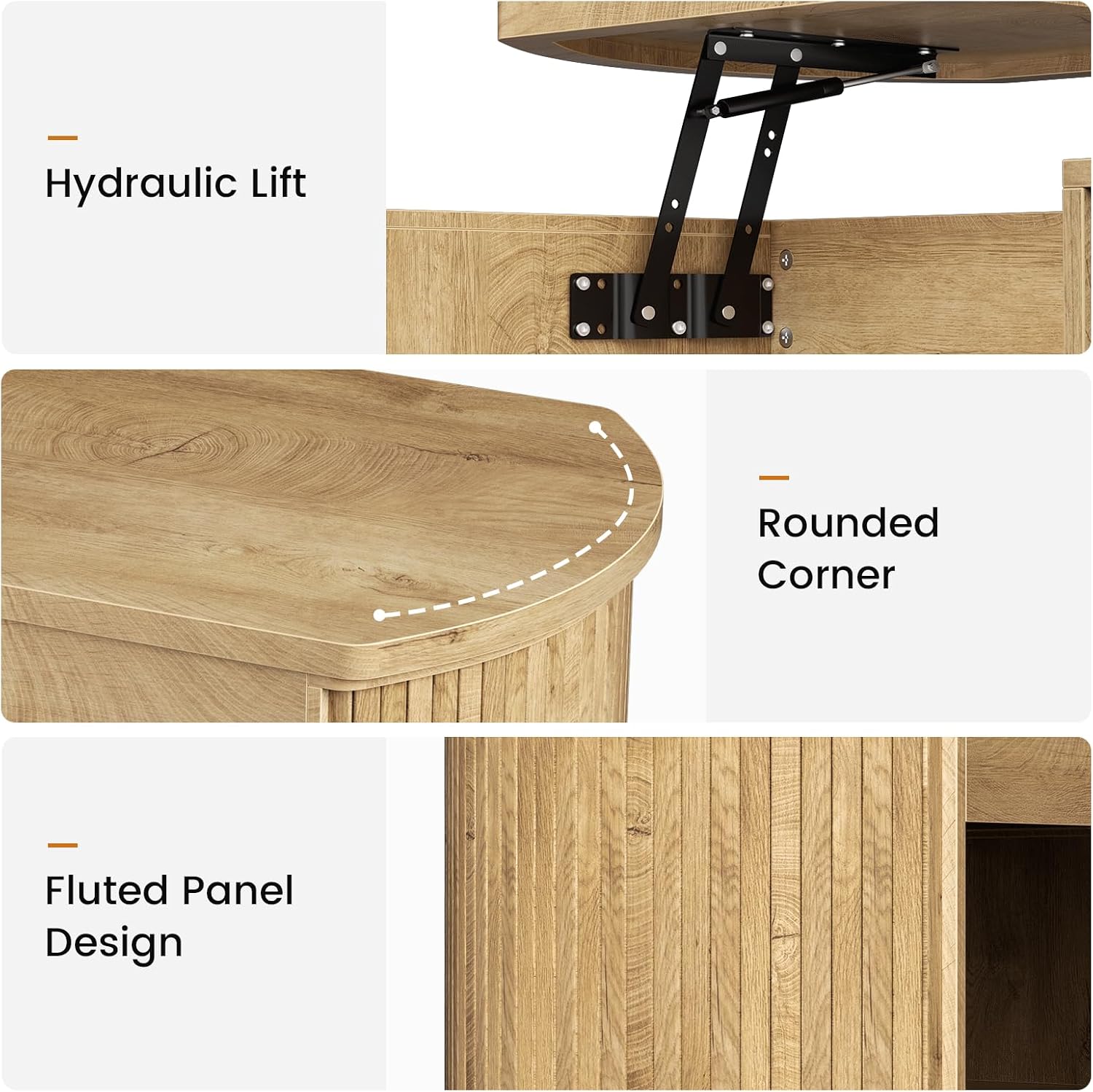 FABATO 41.7” Oval Fluted Wood Coffee Table with Lift Top, Wood | Mid Century Modern Coffee Table, 2 Tier Center Table, Rounded Corners, Hidden Storage for Living Room, Home Office