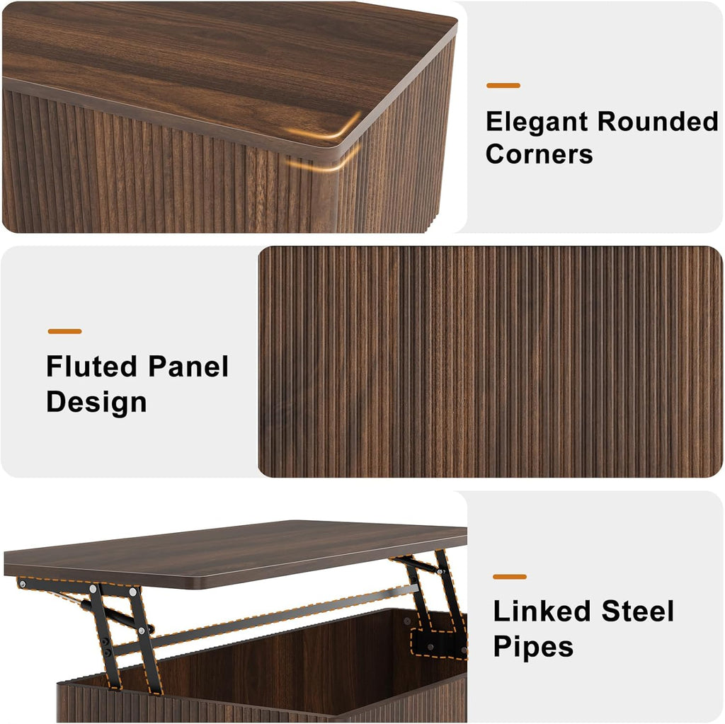 FABATO 41.7'' Fluted Lift Top Coffee Table Large Hidden Storage, Walnut | Large Rectangular Lift Up Coffee Tables, Hidden Storage Compartment, Fluted Panel Rounded Corners, Mid Century Modern