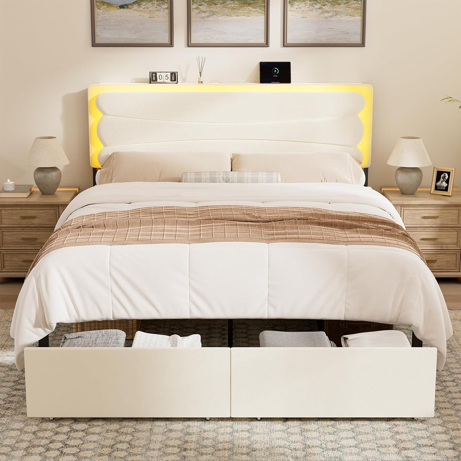 ROLETALENT Full Bed Frame with Storage Adjustable Headboard and 2 Drawers Upholstered Double Bed Frame Full Size with LED & Charging Station Metal Support No Box Spring Needed Grey