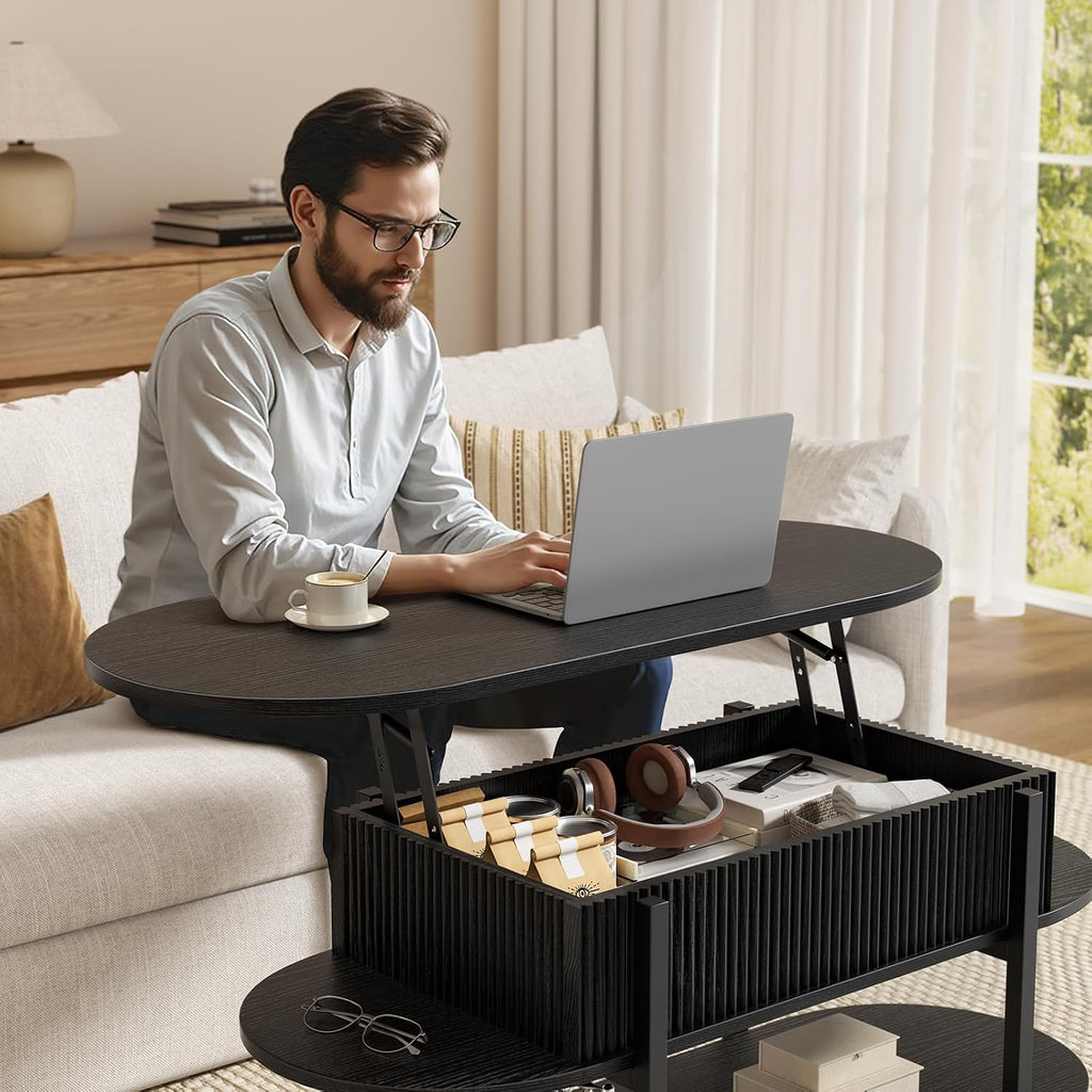 FABATO 41.7" Fluted Oval Lift Top Coffee Table with Hidden Storage, Black | Fluted Wood Center Table, 3 Tier Small Tables with Curved Edge, Modern Narrow Coffee Table for Living Room Reception Room